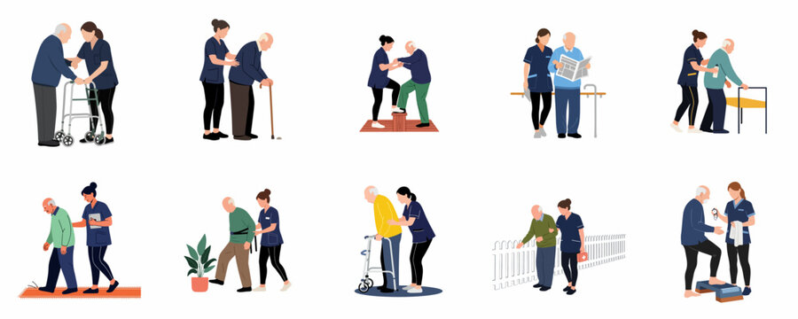 Vector illustrations of a nurse caregiver assisting elderly men with mobility, exercises, and daily activities in a nursing home or home care setting.