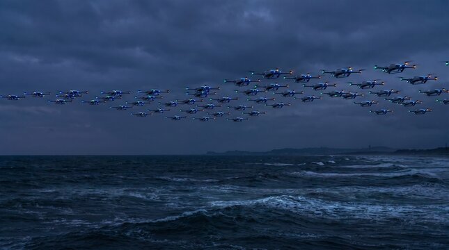 A formidable squadron of advanced unmanned aerial vehicles navigates a dark, choppy ocean under an ominous sky, symbolizing future technologies and global reach