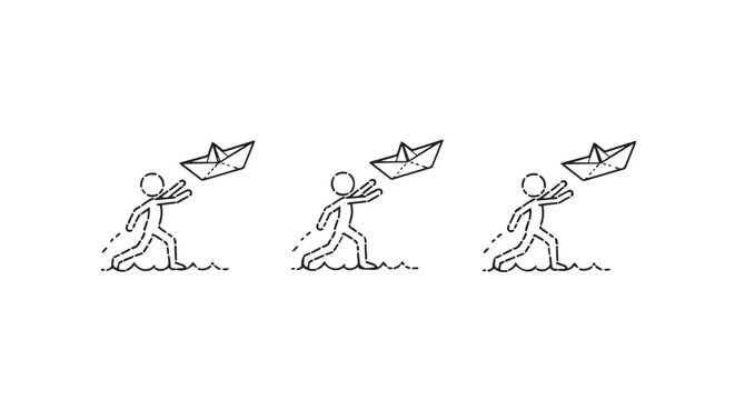 Sequential illustrations of a person chasing a paper boat.