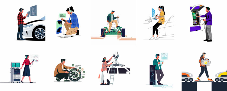 Collection of vector illustrations showing engineers and technicians working on electric vehicles, software development, car maintenance, and advanced autonomous driving technologies.