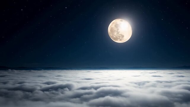 Full moon glowing above a sea of clouds under a starry night sky