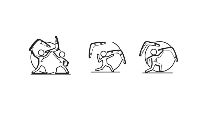 Whimsical minimalist robot characters in three poses.