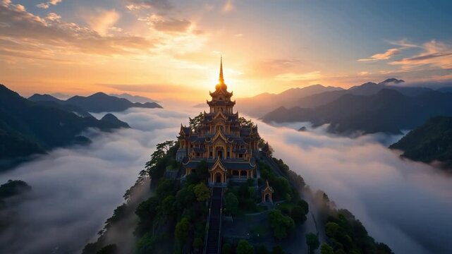 Aerial view of a traditional temple atop a mountain surrounded by clouds at sunrise