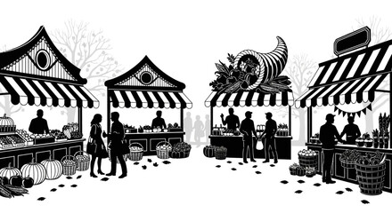 Obraz premium Black and white market scene with vendors and shoppers