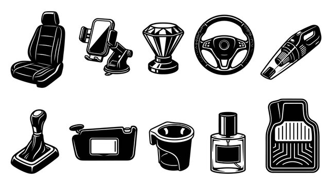 Car Interior Accessories and Auto Parts Silhouette Icon Set