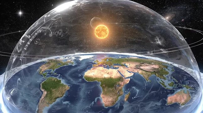 Futuristic Flat Earth Model in space with glowing atmosphere and stars