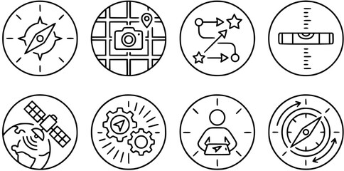 Black and White Line Art Icons: Compass, Map, Planning, Level, Satellite, Gears, Person, Navigation © pixraw