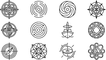 Navigation, Science  Technology Icons: Set of Geometric Line Art Symbols featuring Gyroscope, Compass, Armillary Sphere, Orbit, and Motion. © pixraw