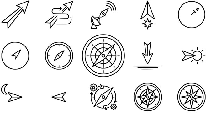 Navigation and Location Outline Icons Set. Modern GPS, Compass, Direction Arrow, and Travel Symbols in Thin Line Art Style.
