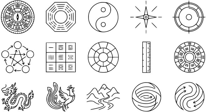 Feng Shui Symbols Line Art Icons: Yin Yang, Bagua, Dragon, Phoenix, Compass, Mountains