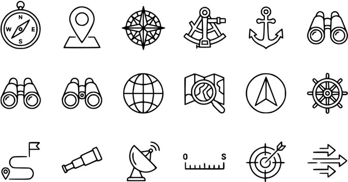 Navigation and Exploration Icons: Compass, Map, Binoculars, Anchor, Globe, Spyglass, Satellite Dish, Nautical Wheel