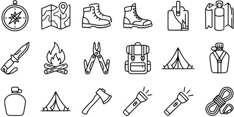 Fototapeta premium Black and White Line Art Icons for Camping and Outdoor Adventure Gear