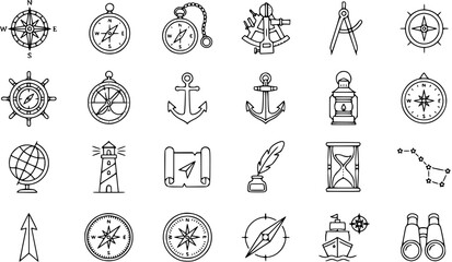 Nautical Icons Set - Line Art Vector Graphics for Marine and Travel Themes © pixraw