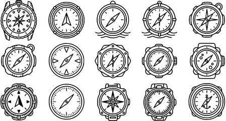 Navigation and Travel Industry Compasses Line Art Icons Set. Black and White Outline Symbols for Direction, Adventure, Exploration, and Outdoor Themes. © pixraw