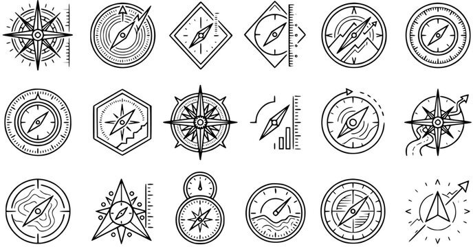 Navigation Compass Icons Set - Travel, Adventure  Exploration Line Art Vector Collection. Outline Direction Symbols for Outdoor and Guidance Designs.