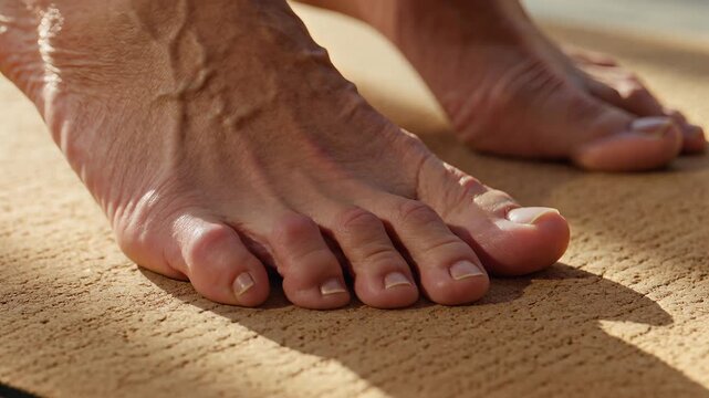 Bare feet stretching on cork yoga mat, close up cinematic motion of toes flexing in warm sunlight with shallow focus, calm wellness studio or home exercise setting, symbolizing balance and mindfulness