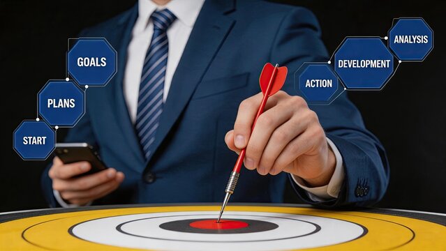 Business strategy target success planning concept with man hitting bullseye using dart, workflow steps including start, plans, goals, action, development, analysis for corporate