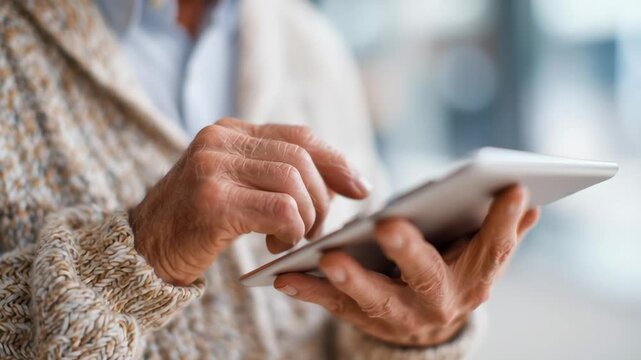 Close-up of elder's hands holding tablet. Fingers tap screen with gentle precision. Warm sweater suggests comfort and familiarity. Focused expression implies engagement with content