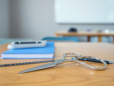 Scissors on Desk in Classroom Setting with Books and Phone