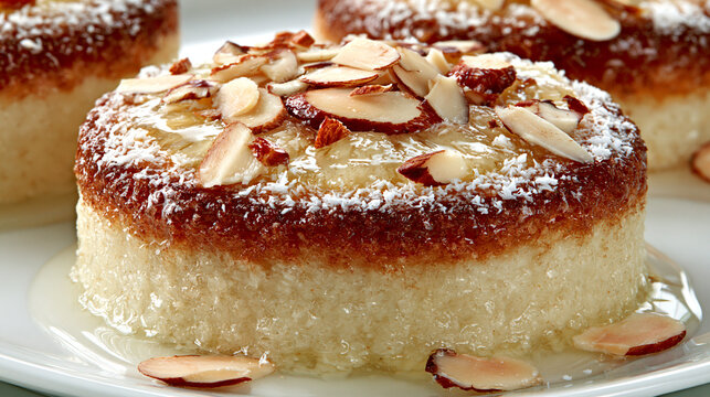 Traditional semolina cake topped with sliced almonds and sweet honey syrup semolina basbousa