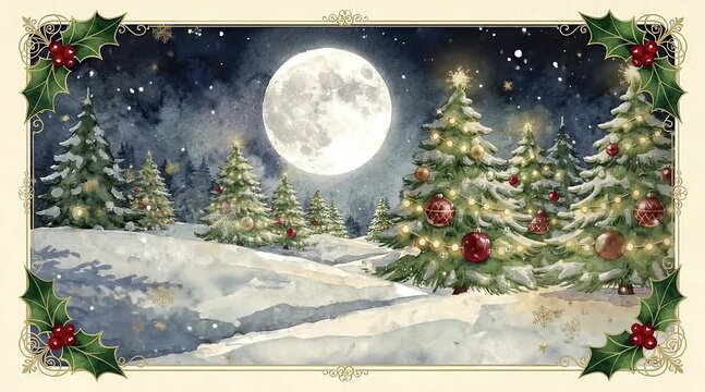Magical winter night scene with full moon and decorated snow-covered trees