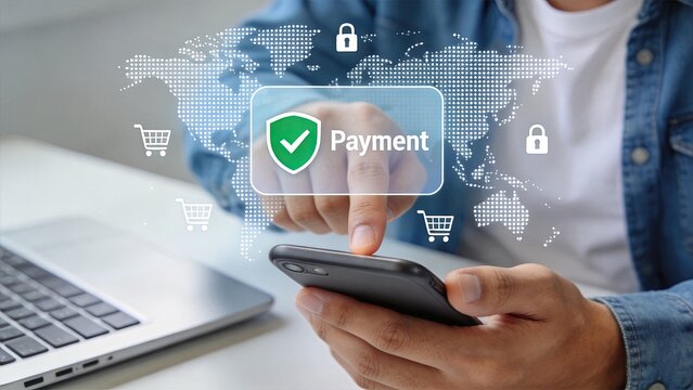 Finger pressing payment button on smartphone screen with global map overlay, secure online shopping, e-commerce transaction and digital banking finance concept