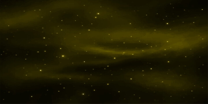A vast dark yellow and black galaxy space background with starry light particles and moving nebula clouds across a deep cosmos universe loop