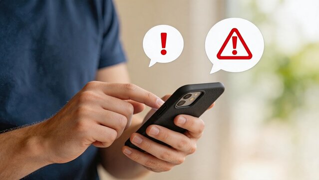 Close-up of man hands holding smartphone with warning icons, urgent alert notification bubble on screen, mobile phone safety concept, digital communication error message symbol,