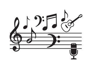 Fototapeta premium Musical Notes Bass and Treble Clef Guitar and Microphone Icons Minimalist Graphic Silhouette for Recording Studio Branding and Performing Arts Education Projects