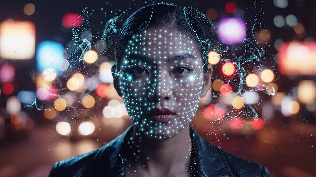 Woman with glowing blue facial grid and city bokeh lights at night