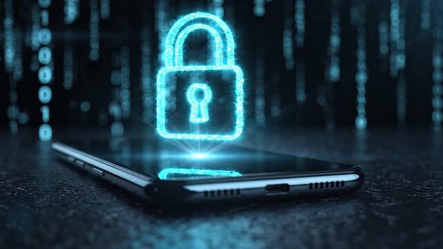 glowing blue padlock hovering above black smartphone with binary code background