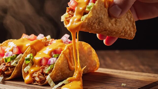 Hand holding a delicious hard-shell taco with savory fillings and generous, melted cheese sauce dripping onto a wooden board.