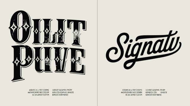 Vintage typography designs featuring ornate lettering and distinctive stylistic flair