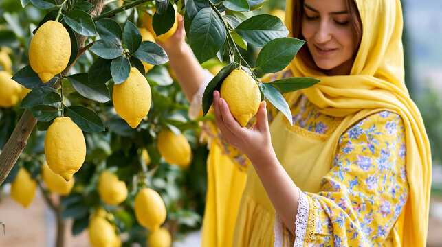 Woman in yellow headscarf picking ripe lemons from a tree branch with vitamin c, agriculture