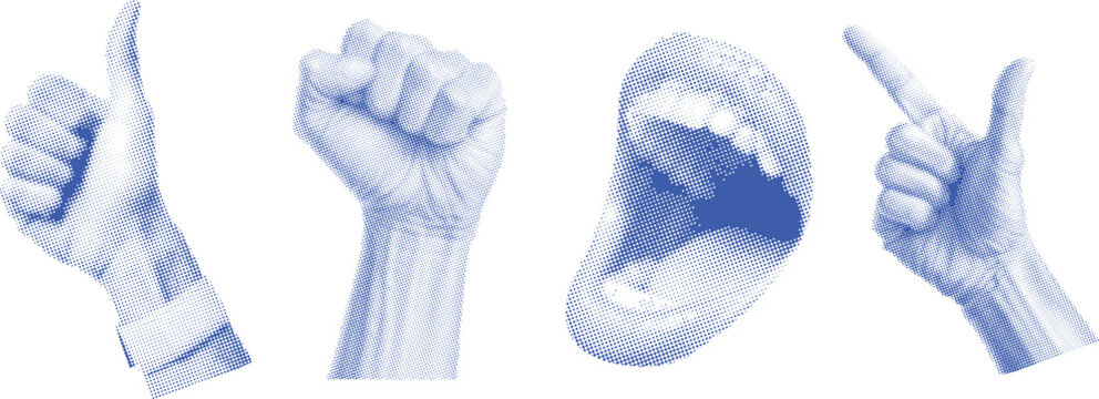 Abstract halftone hand and mouth gesture set with dotted blue texture, expressive thumbs up, fist and shouting lips illustration for pop art communication, branding posters and modern design