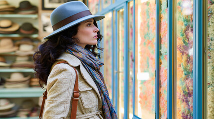 Obraz premium Woman in hat and scarf looking into a shop window display with window shopping