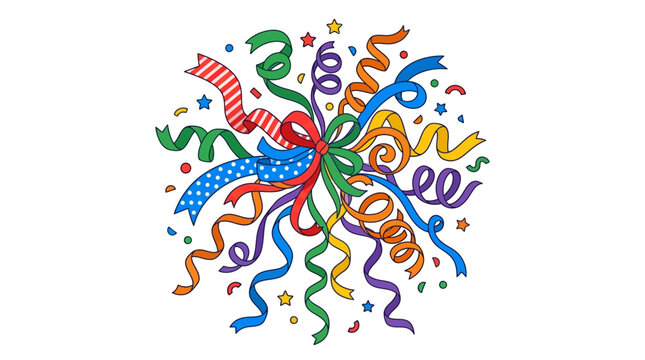 Colorful confetti explosion with ribbons and stars
