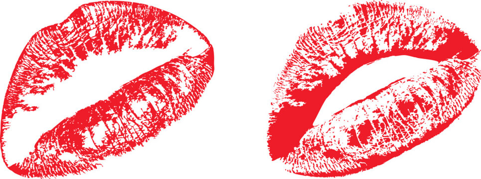 Abstract red lipstick kiss mark collection with realistic lip imprint texture and bold pop art style. Glamorous beauty symbol graphics for fashion branding, cosmetic posters and romantic design 