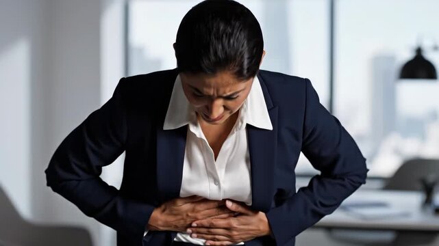 Indian Businesswoman Suffering Severe Heartburn and Acid Reflux Pain While Working in a Professional Office