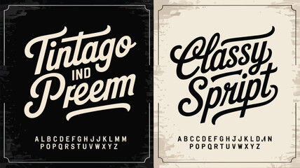 Vintage typography designs with elegant script fonts and alphabet examples displayed © MdSafi