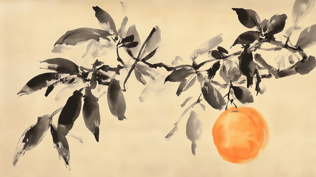 Ink wash branch with single orange fruit dark leaves expressive strokes sumi e style