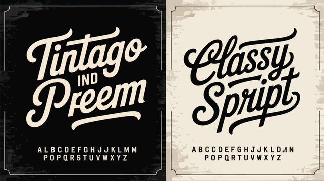Vintage typography designs with elegant script fonts and alphabet examples displayed