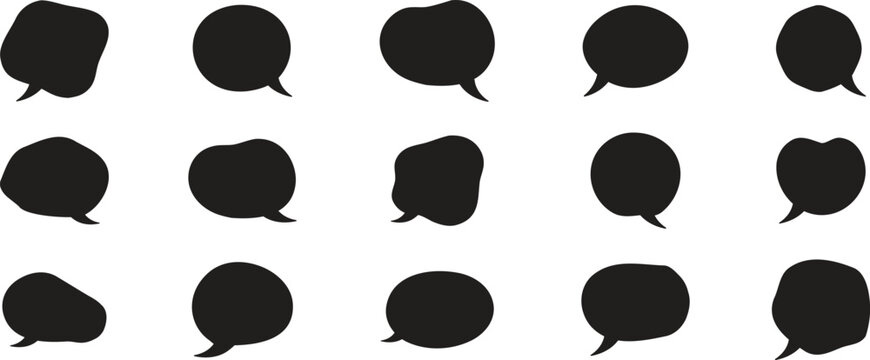 Bold black speech bubble collection with modern comic dialog shapes and minimal communication icons. Creative chat symbol set for messaging apps, social media branding and digital interface design 