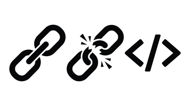 Graphic set featuring solid black icons of interlinked metallic chain symbol broken chain and code bracket tag.