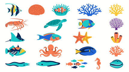 Fototapeta premium Detailed colorful illustrations of tropical fish, coral reefs, and sea creatures.