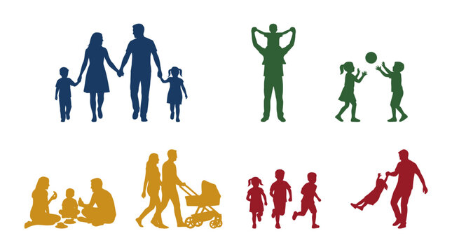 Dynamic family silhouettes showing various activities like walking with strollers and playing.