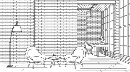 Industrial loft living room interior with brick wall and large windows for creative office or studio concept. © Pure Pixels (PNG)