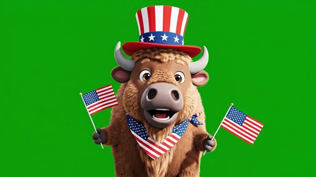 A friendly cartoon bison wearing a patriotic Uncle Sam hat and scarf, holding two American flags, on a green screen background, representating independence day of America.