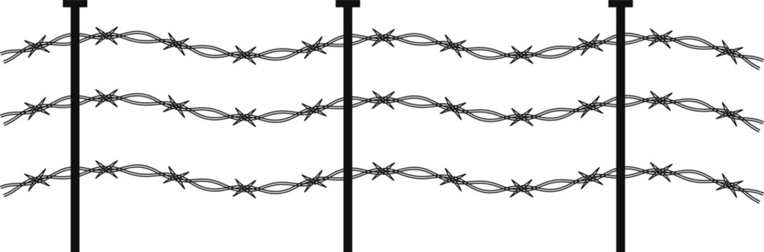 Vintage barbed wire border collection with realistic monochrome fencing strands and sharp twisted metal details. Rustic security barrier elements for military themes, warning signs and industrial grap