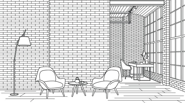 Industrial loft living room interior with brick wall and large windows for creative office or studio concept.